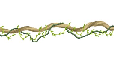 Lianas stem border. Rainforest green vine or twisted plant hanging on branch. Cartoon jungle creeper, leaves or moss on tree. Vector isolated game scenery element. Tropical nature plant.