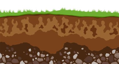 Toprak katmanlarının yüzey ufku. Toprak yapısı, organik madde ve taş karışımı. Paleontolojik arka plan düz çizgi film. Çizimsel jeoloji.