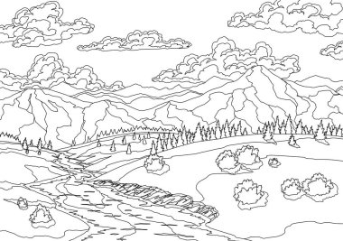 Nehrin tepelerden, manzaralı tarlalardan, ormandan ve dağlardan aktığı manzara. Nehir kıyısı, ağaçlar ve bulutlarla güzel bir manzara. Renk biçimi illüstrasyonu.