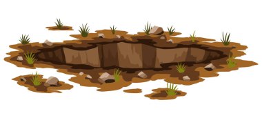 Hole ground. Works digging of sand coal waste rock or gravel. Brown, dry mine element of landscape. Cartoon illustration.