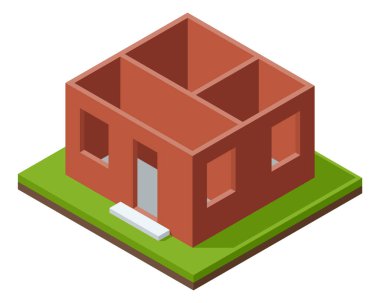House construction Isometric stage. Visualization of modern building process. Construction of walls phase.