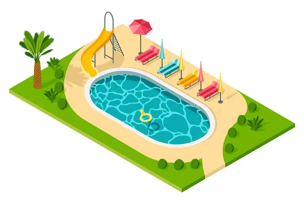 Isometrisches Freibad Kreativer Pool Mit Liegestühlen Sonnenschirmen Palme Wasserrutsche Und — Stockvektor