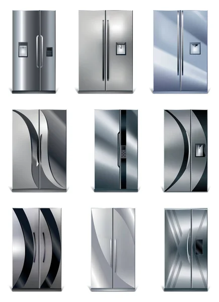 Ensemble Réfrigérateur Vertical Gris Pour Conserver Nourriture Réfrigérateurs Argent Avec — Image vectorielle