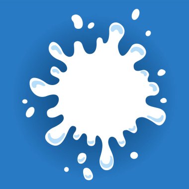 Damlaları ve damlaları olan süt etiketi. Yaratıcı paketin süt rozeti. Sıvı amip şekli. Vektör tasarımı süt sembolü. Metin için yeri olan arkaplan.