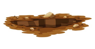 Delik. Yeraltına giriş, büyük bir çatlak ya da yıkıntı. Kirli, karanlık giriş, çizgi film tarzında detaylı çizim. Derin çukur. Vahşi hayvanın çizgi film ini.