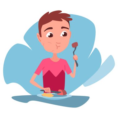 Çocuk kahvaltı yapıyor ya da öğle yemeği yiyor. Yemek yiyen çocuk. Çocuklar yemeklerden hoşlanır. Beslenme alışkanlıkları.