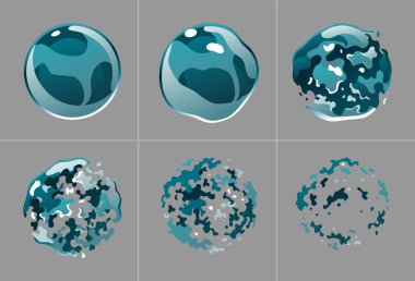 Soap bubble animation. Ball chemical or water spherical figure. Round burst explosion sprite sheet effect. Game or motion design. Vector isolated frames set in cartoon style.