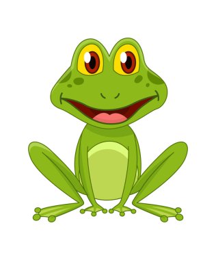 Çizgi film kurbağaları Komik çizgi film kurbağaları. Beyaz arka planda oturan ve gülümseyen küçük amfibi karakteri. Sevimli kurbağa izliyor..