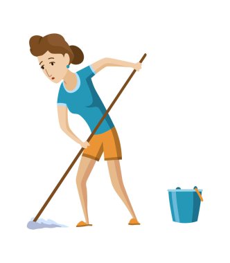 Tired woman household. Housewives charactersbusy domestic cleaning work. Sad mom working at home, tired female. Unhappy girl tired from housework.