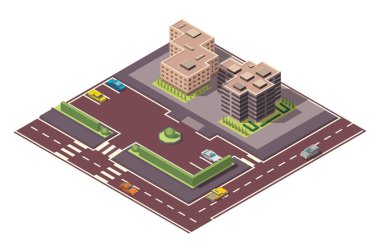 Ofisler izometrik. Mimarlık, iş merkezinin ön cephesi. Bilgi elemanı. Mimari vektör 3d illüstrasyon. Yolları ve otoparkları olan şehir evi kompozisyonu.