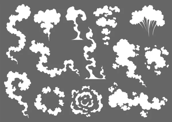 烟雾弥漫的云彩形式各异 喷雾器和蒸气云 灰尘或蒸气模板集的矢量特效 卡通设计漫画书中的白色元素 — 图库矢量图片