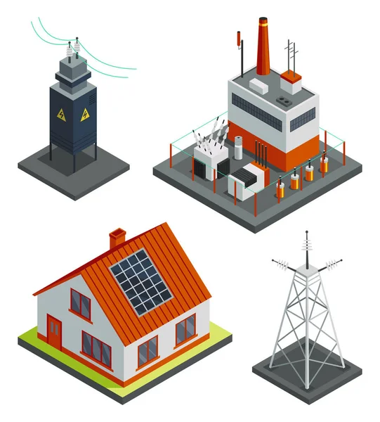 Energy Power Grid Isometric Power Distribution Family House Wind High — Stockvector