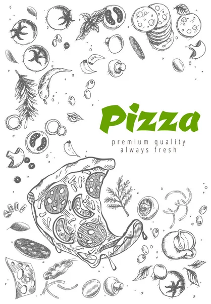 Pizzalinie Banner Gekritzelter Hintergrund Herzhafte Pizzawerbung Leckeres Vektorbanner Für Café — Stockvektor