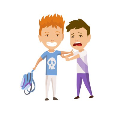 Çocuklar zorbalık yapıyor. Çocuklar arasındaki çocuksu zorbalar ya da sözlü ve fiziksel çatışmalar. Kötü çocuk davranışı, korkmuş ve güçlü öfkeli çocuk çatışması, çizgi film karakterleri yüzleşmesi.