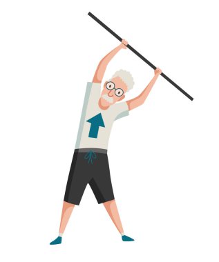 Yaşlı insanlar egzersiz yapar. Yaşlı bir erkeğin sağlıklı aktif yaşam tarzı. Yaşlılar sabah jimnastik yapıyor. Egzersiz yapan yaşlı bir adam. Spor ve eğlence..