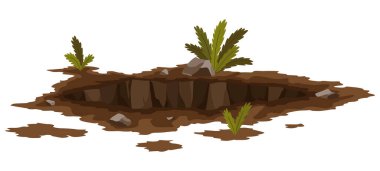 Hole ground. Works digging of sand coal waste rock or gravel. Brown, dry mine element of landscape. Cartoon illustration.
