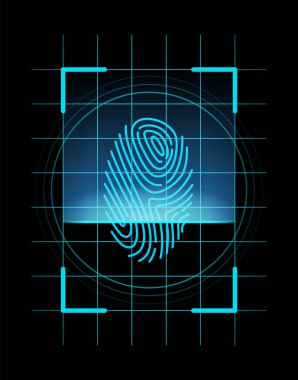 Parmak izi tanımlaması. Parmak izi, güvenlik ya da tanımlama sistemi konseptini tara. Fütürist teknoloji. Biyometrik veri tasarımı. Başparmak çizgileri ve vektör illüstrasyonuna dayalı güvenlik sistemi.