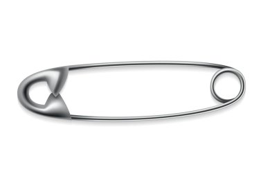 Safety pin icon. Metal sewing tool for fasten pieces of clothing together. Vector design of closed silver or stainless steel safety pin on white background.