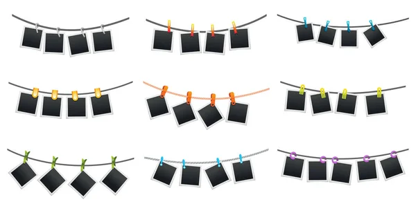 Photo Frames Set Hanging Rope Attached Clothes Pins Clothespin Blank — Stock Vector