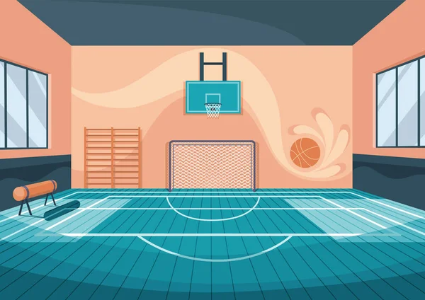 学校バスケットボールコート バスケットボールバスケットやサッカーの目標や体操機器と漫画ジム アクティブなゲームやトレーニングをプレイするための快適な遊び場 平面図ベクトル図 — ストックベクタ