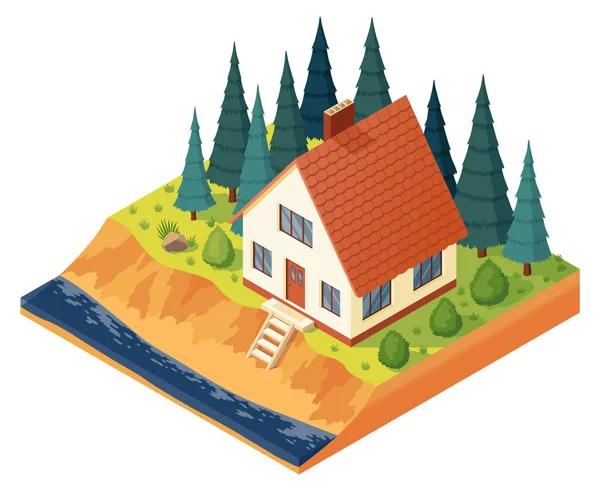 Isometric House River Pine Wood Modern Estate Exterior Cottage Vector — Stock Vector