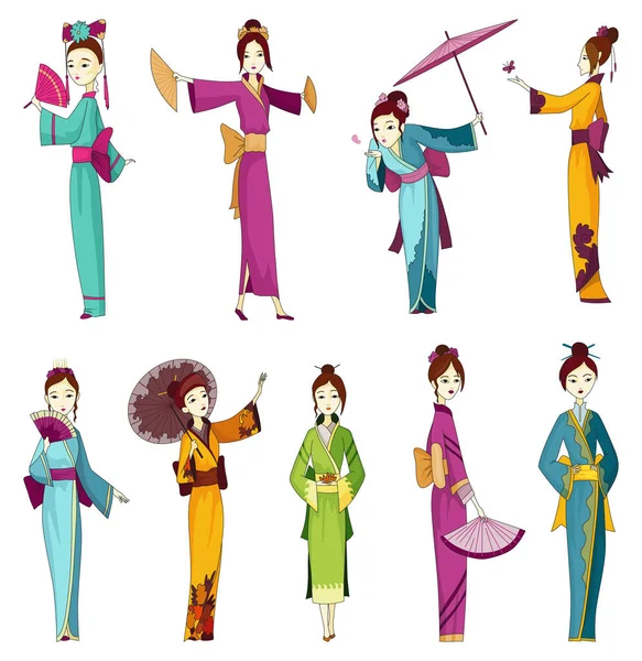 Γιαπωνέζες Κιμονό Γυναίκες Παραδοσιακή Ενδυμασία Πλήρες Μήκος Πορτρέτο Των Τυπικών — Διανυσματικό Αρχείο