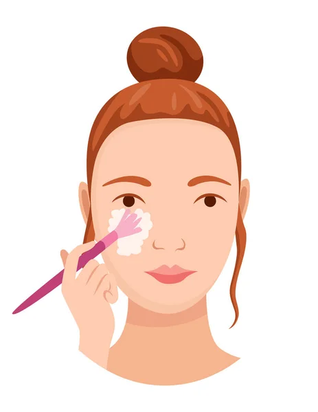 面部皮肤护理 面部清洁程序 女孩关心她的脸 皮肤护理例行公事 简简单单的女人面对面部程序横幅 — 图库矢量图片