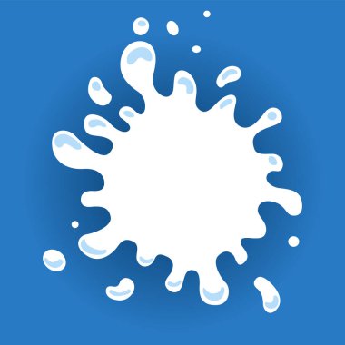 Damlaları ve damlaları olan süt etiketi. Yaratıcı paketin süt rozeti. Sıvı amip şekli. Vektör tasarımı süt sembolü. Metin için yeri olan arkaplan.