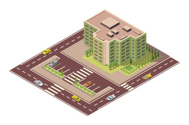 Offices isometric. Architecture building facade of business center. Infographic element. Architectural vector 3d illustration. City house composition with roads and parking.