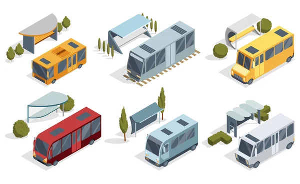 Conjunto Isométrico Transporte Urbano Con Estación Espera Sin Personas Ilustración — Vector de stock