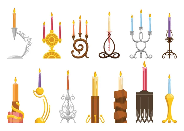 Castiçais Candelabro Vintage Com Chama Vela Cera Ardente Elegantes Suportes — Vetor de Stock