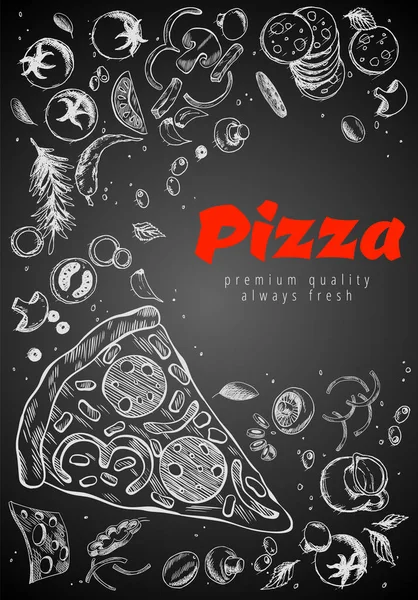 Hand Drawn Pizza Line Banner Engraved Style Chalk Doodle Background — Vector de stock