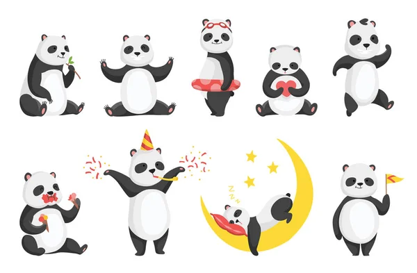 Panda Lleva Diferentes Poses Emociones Conjunto Lindos Personajes Panda Grandes — Vector de stock