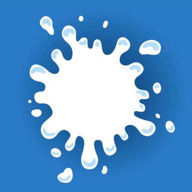 Damlaları ve damlaları olan süt etiketi. Yaratıcı paketin süt rozeti. Sıvı amip şekli. Vektör tasarımı süt sembolü. Metin için yeri olan arkaplan.