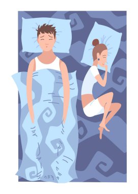 Sleep peoples on bed. Characters lying posture during night slumber. Top view asleep couple at bedroom. Female and male night dream position.