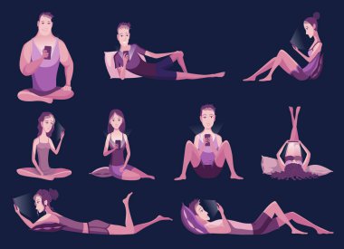 Akşamları akıllı telefonlar. Cihazı kullanan insanlar. Erkek ve kadın oyuncular çevrimiçi video oyunu oynuyor ya da yatma saatinde sosyal ağlarda sohbet ediyorlar. Telefon cihazları olan karakterler. Uyumadan önce mobil kullan.