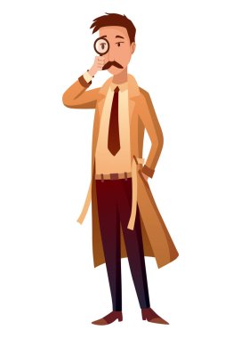 Erkek özel dedektif ya da müfettiş suçları araştırır ve kanıt arar. Büyüteç karikatür düz stili dedektif karakteri. Ceket çözmede müfettiş..