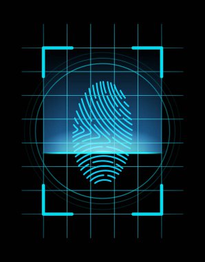 Parmak izi tanımlaması. Fütürist teknoloji. Parmak izi, güvenlik veya tanımlama sistemi konsepti, vektör illüstrasyonu tara. Biyometrik veri tasarımı. Başparmak çizgilerinin güvenlik sistemi.