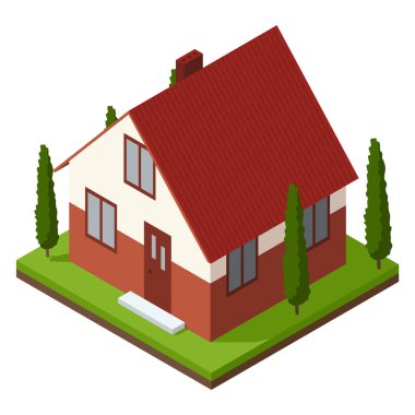 Ev yapımı Isometric sahnesi. Modern inşa sürecinin görselleştirilmesi. Peyzaj tasarımı aşaması.
