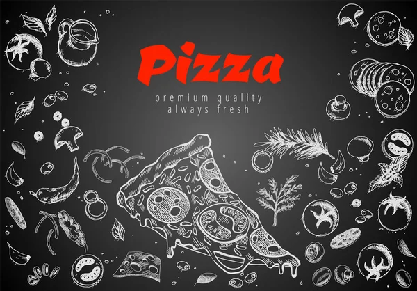 Hand Drawn Pizza Line Banner Engraved Style Chalk Doodle Background — Image vectorielle