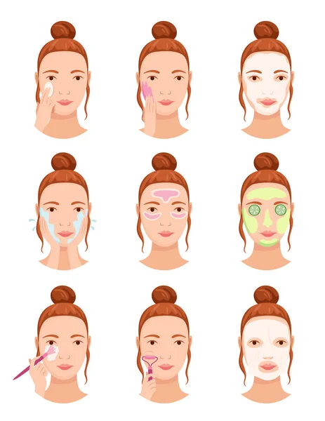 面部皮肤护理 不同的面部清洁程序 女孩关心她的脸 皮肤护理例行公事 简单女人面对不同的面部程序横幅 — 图库矢量图片