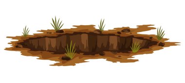 Hole ground. Works digging of sand coal waste rock or gravel. Brown, dry mine element of landscape. Cartoon illustration.