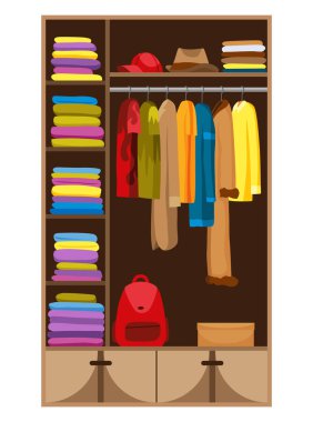 Kadın kıyafetleriyle dolu bir gardırop. Aksesuarlar için rafları olan mobilyalar. Butik iç tasarım konsepti. Düz biçim vektör illüstrasyonu.