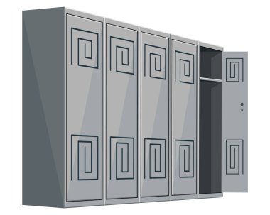 Metal dolaplar ya da okul soyunma odası çelik dolap. Açık ve kapalı kapılar, kilitler ve raflar ve havalandırmalar ile izole edilmiş gri bir depo kutusu..