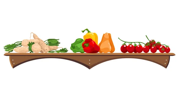 Estante Con Verduras Surtido Verduras Frescas Marcador Granjeros Tienda Comestibles — Vector de stock