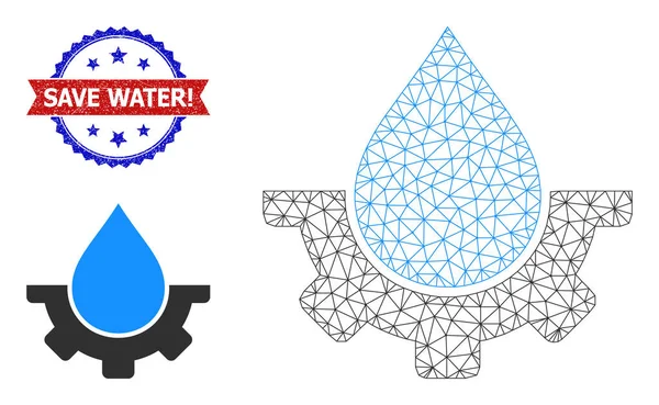 Ícone de indústria de água de malha poligonal e bicolor texturizado Salvar selo de exclamação de água — Vetor de Stock