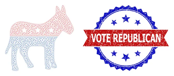Scratched Vote Republican Round Rosette Bicolor Seal Stamp and Mesh Network Democratic Donkey — стоковий вектор