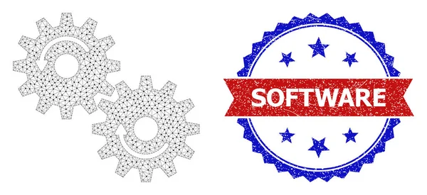 Textured Software Ronde Rosette tweekleurige badge en mesh netwerk tandwielen rotatie — Stockvector