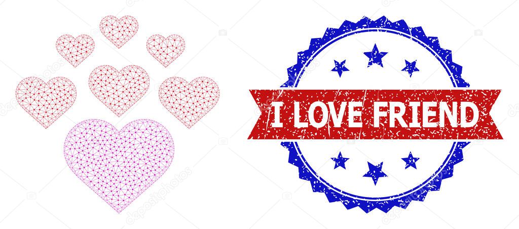 Grunge I Love Friend Round Rosette Bicolor Seal Stamp and Mesh Wireframe Lovely Hearts