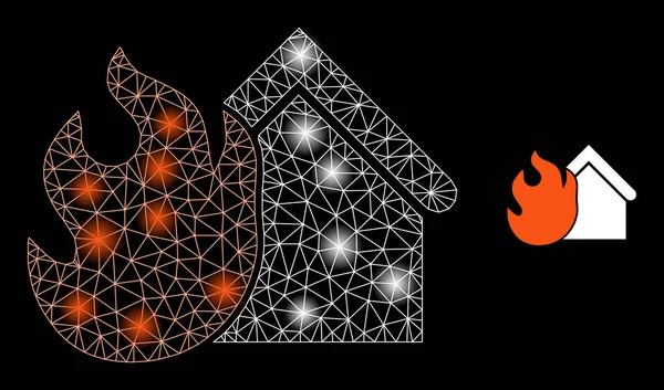 Bright Web Net Burning House Icon mit grellen Punkten — Stockvektor